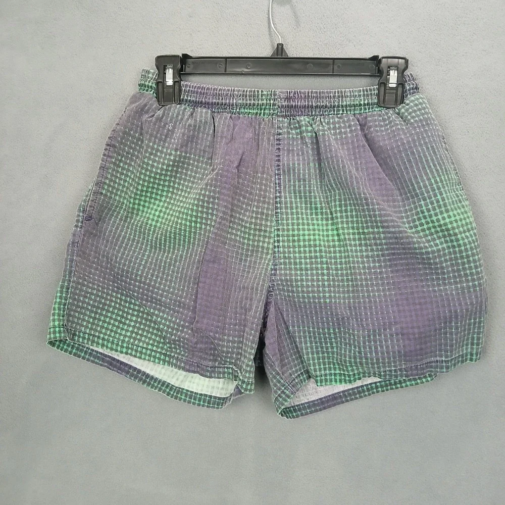 Retro Pacific Scene Swim Shorts Mens Small Green Purple Check Mesh Lined Beach
